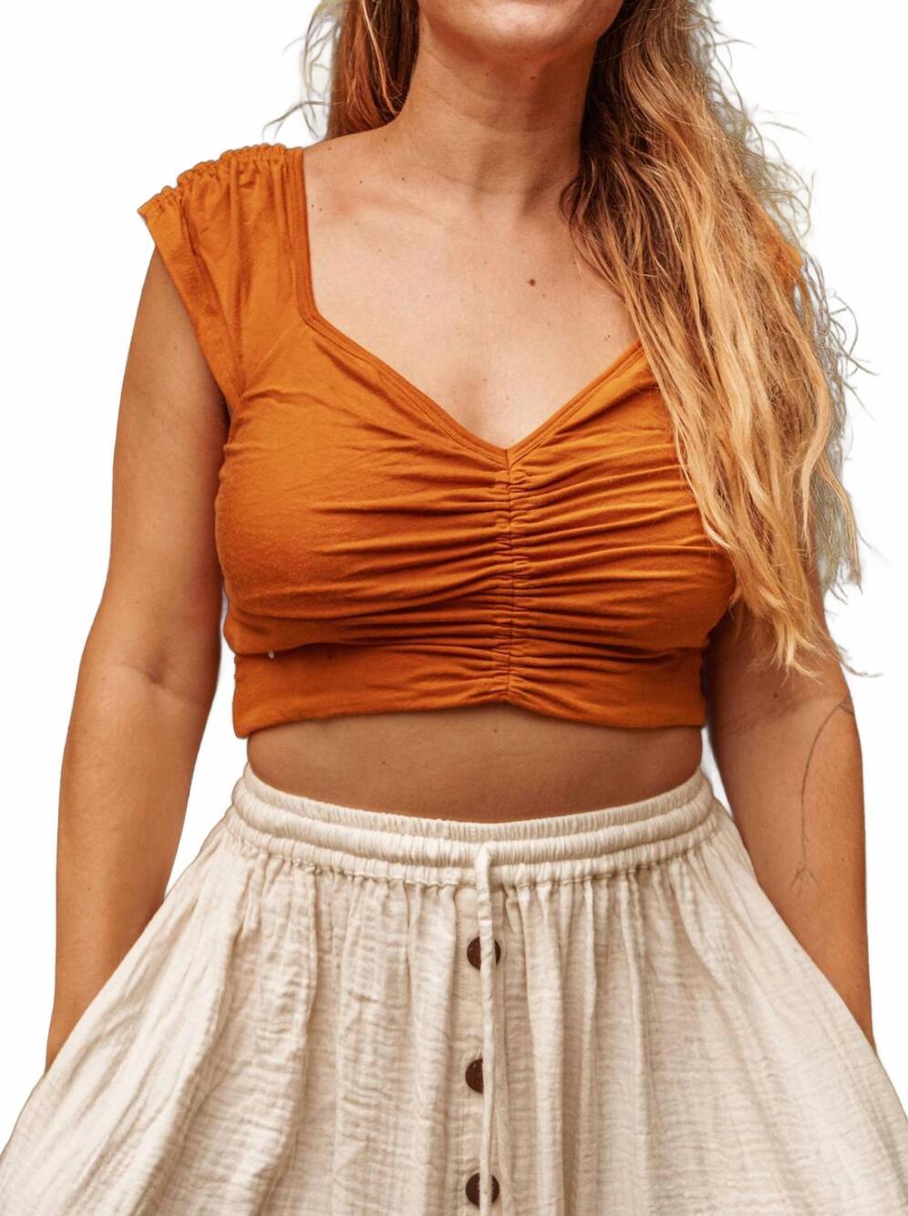 NEW GARDENBELLE forest fiber tencel boho yoga crop top in honey ginger